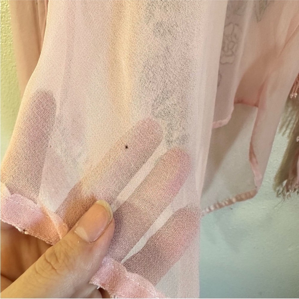 Roamans Pink Sheer Floral Beaded Long Sleeve Top - Picture 16 of 16